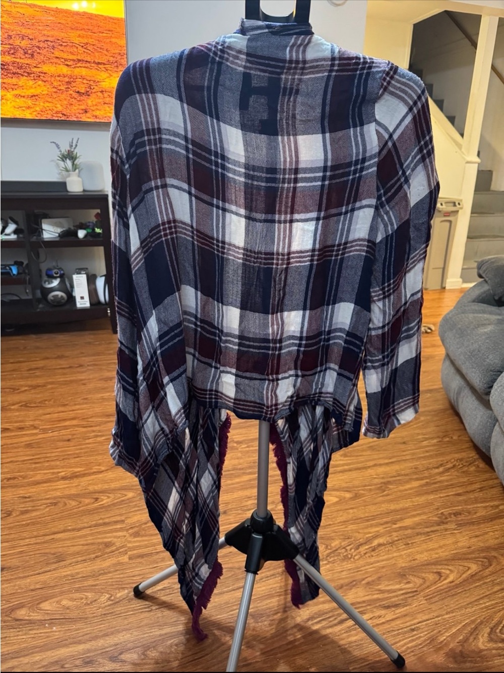 VENUS Plaid Open-Front Draped Shawl in Navy and Burgundy - Picture 2 of 5